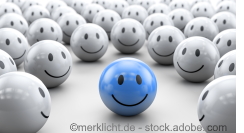 blauer 3D Smiley in Gruppe - Konzept beliebt, erfolgreich, Kreativität.