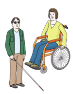 2 Menschen mit Behinderung. Eine Person im Rollstuhl. Eine Person mit Blinden-Stock